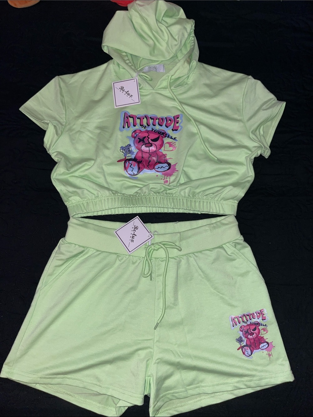 Attitude Cropped Hoodie & Shorts Set - Lime Green